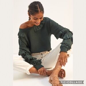 NWT Anthropologie Maeve Ruffled Eyelet Sweatshirt in Green